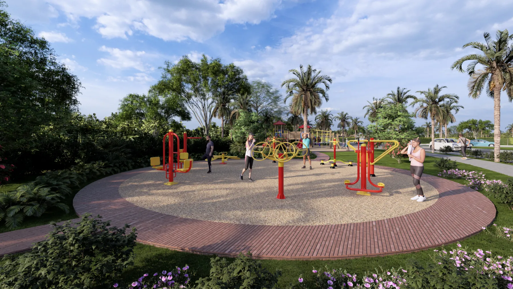 Gimnasio al aire libre con máquinas biosaludables sobre plazoleta circular