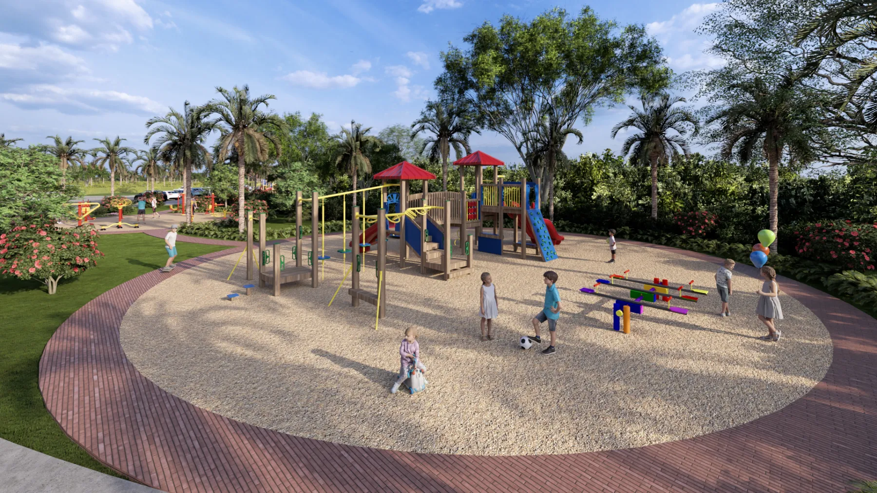 Parque infantil con toboganes, columpios y zona de arena entre palmeras