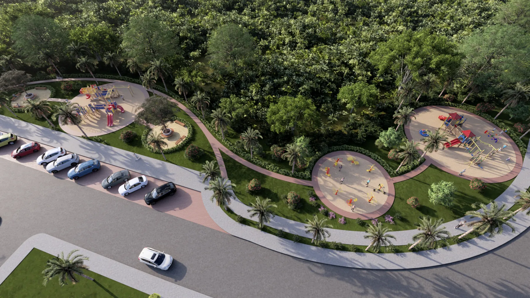 Vista aérea del circuito de parques con senderos, plazoletas y parqueaderos