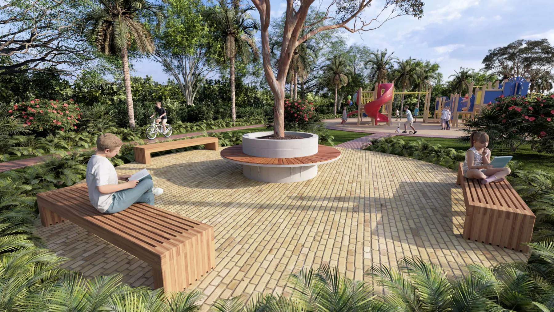 Plazoleta adoquinada con bancas de madera alrededor de un árbol